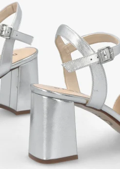 Lare Silver Leather Asymmetric Block Heel Sandals