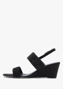 Lia Black Suede Diamante Low Wedge Sandals