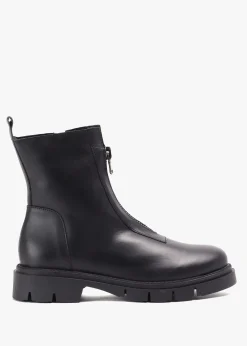 Lippy Black Leather Front Zip Ankle Boots
