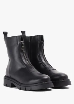 Lippy Black Leather Front Zip Ankle Boots
