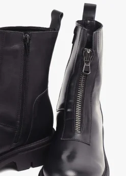 Lippy Black Leather Front Zip Ankle Boots