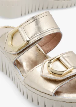 Lorelai Gold Leather Two Bar Mules