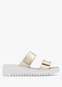 Lorli Gold Leather Two Strap Low Wedge Sandals