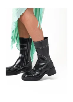 Malene Black Leather Block Heel Calf Boots