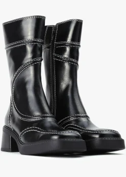 Malene Black Leather Block Heel Calf Boots