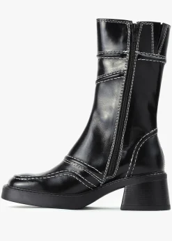 Malene Black Leather Block Heel Calf Boots