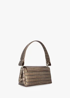 Medium Hazel Brown Embossed Croc Leather Shoulder Bag