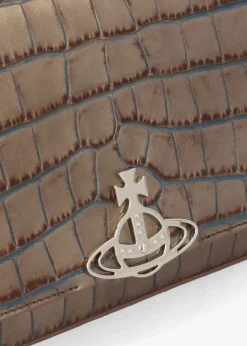 Medium Hazel Brown Embossed Croc Leather Shoulder Bag