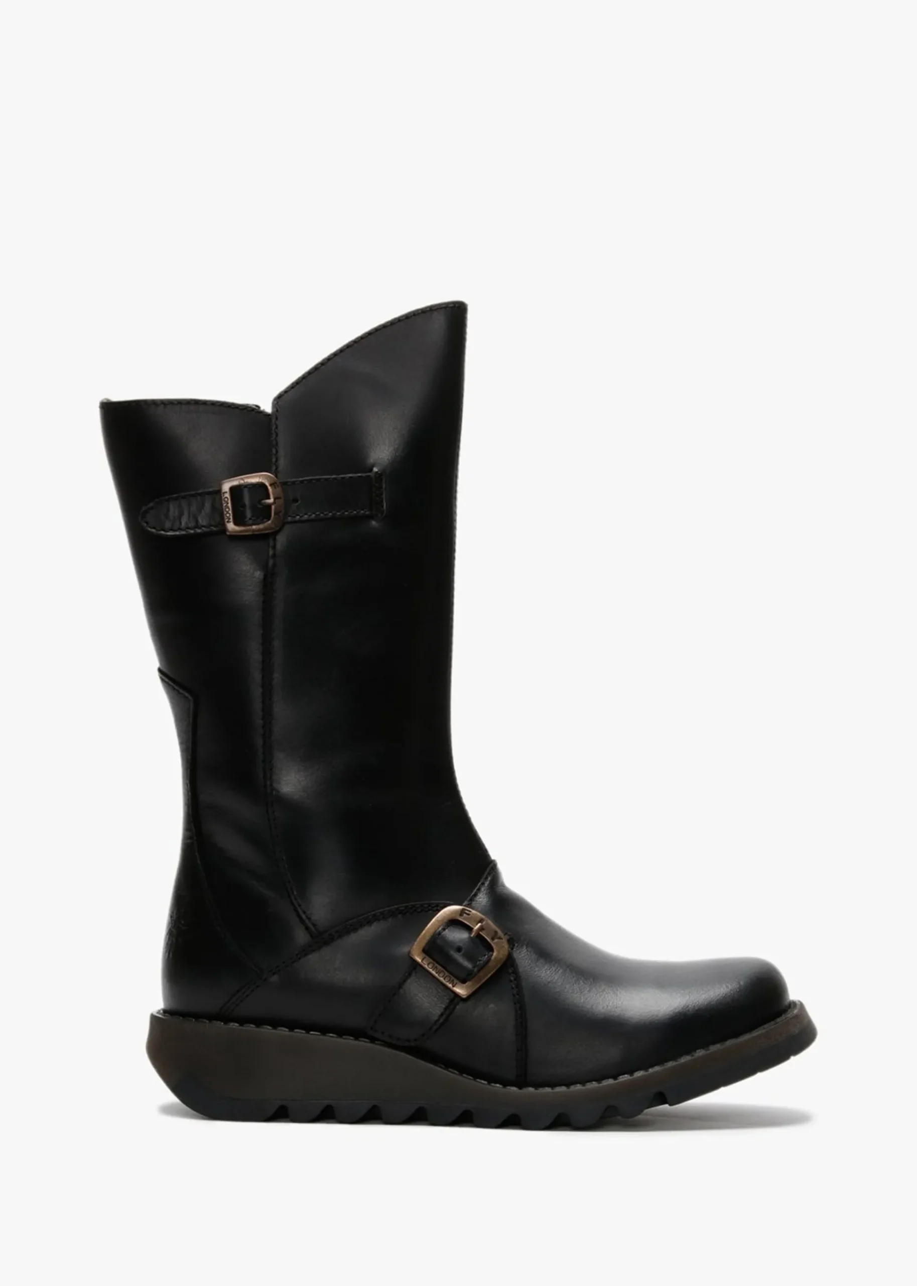 Mes II Black Leather Low Wedge Calf Boots
