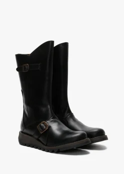 Mes II Black Leather Low Wedge Calf Boots