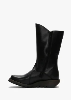Mes II Black Leather Low Wedge Calf Boots