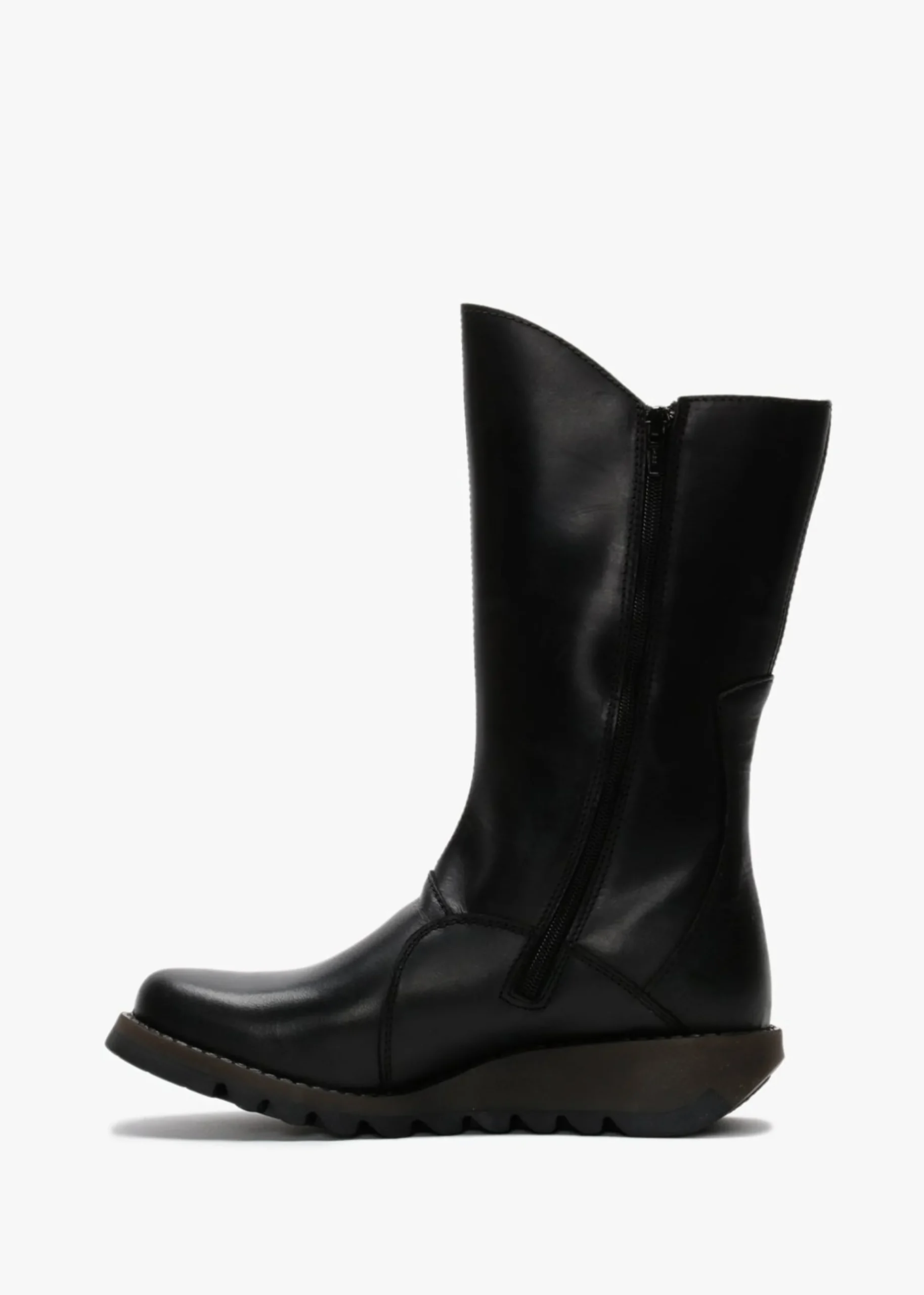 Mes II Black Leather Low Wedge Calf Boots