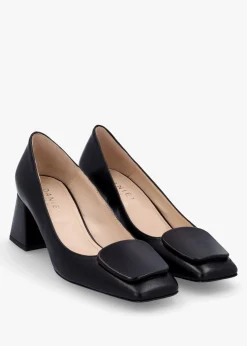 Nessie Black Leather Block Heel Court Shoes