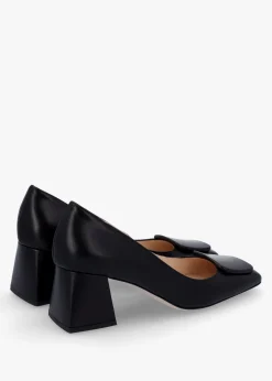 Nessie Black Leather Block Heel Court Shoes