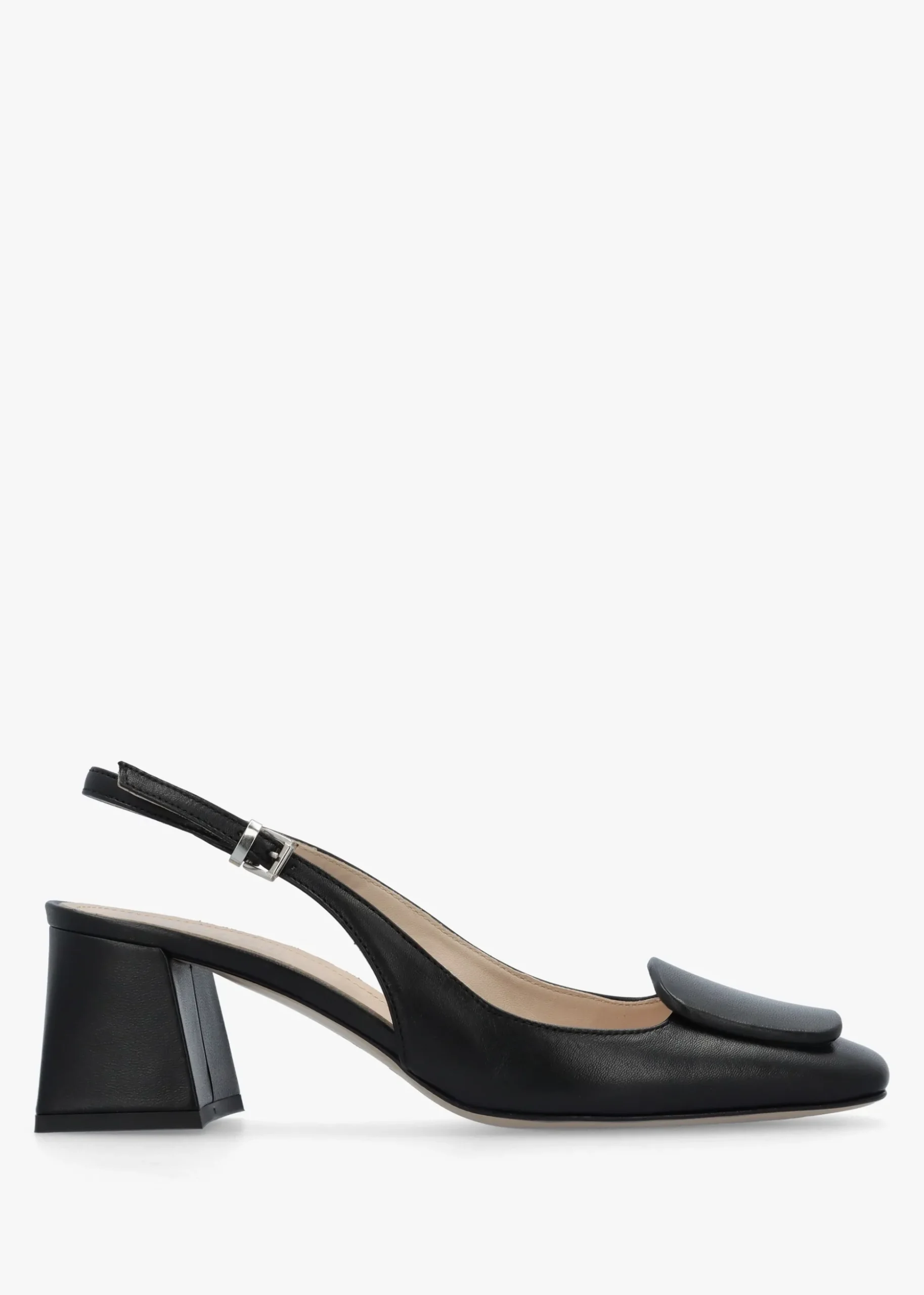 Nessie Black Patent Leather Block Heel Sling Backs