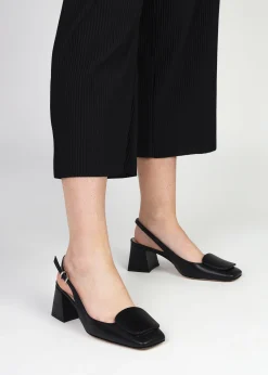Nessie Black Patent Leather Block Heel Sling Backs