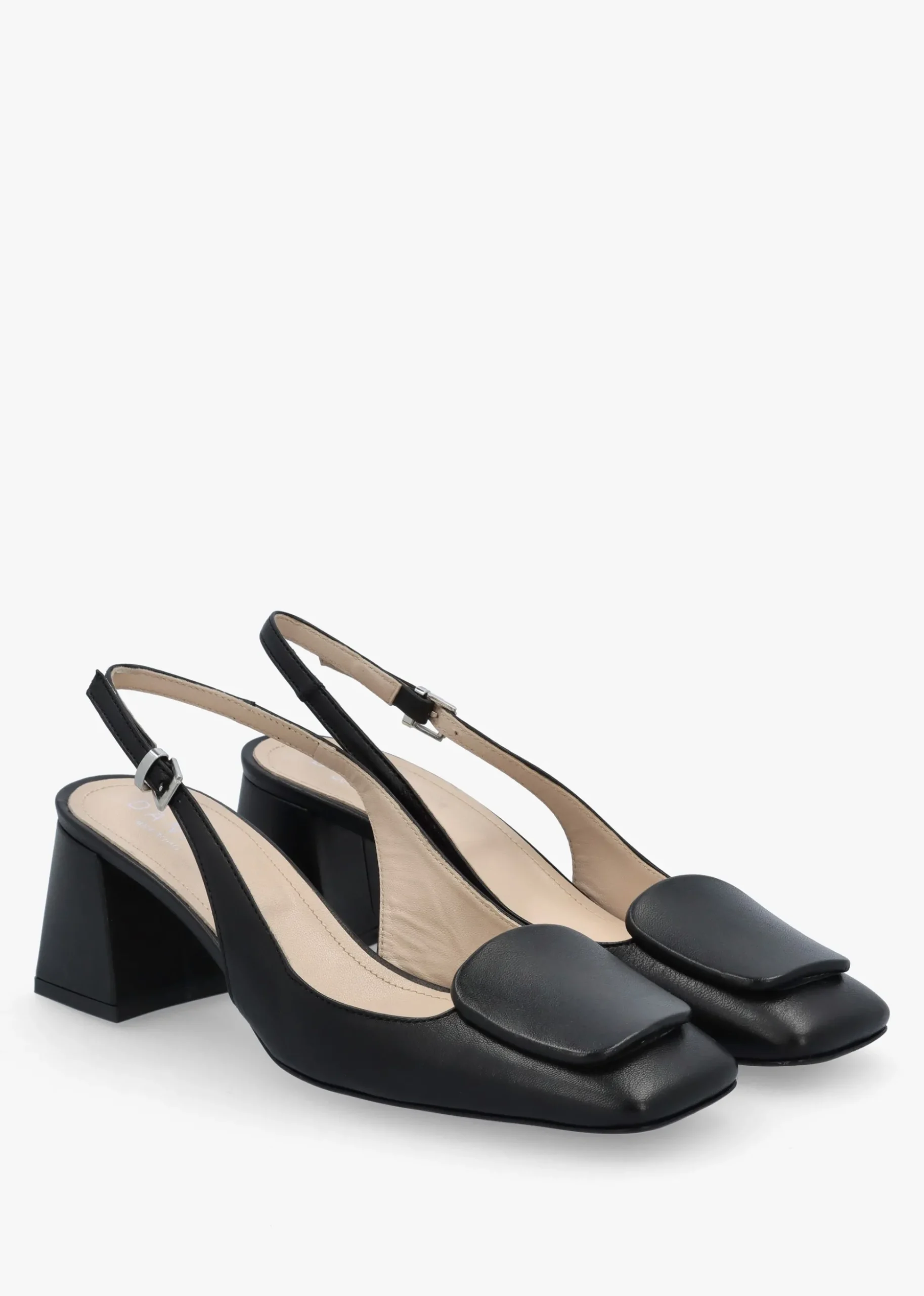 Nessie Black Patent Leather Block Heel Sling Backs