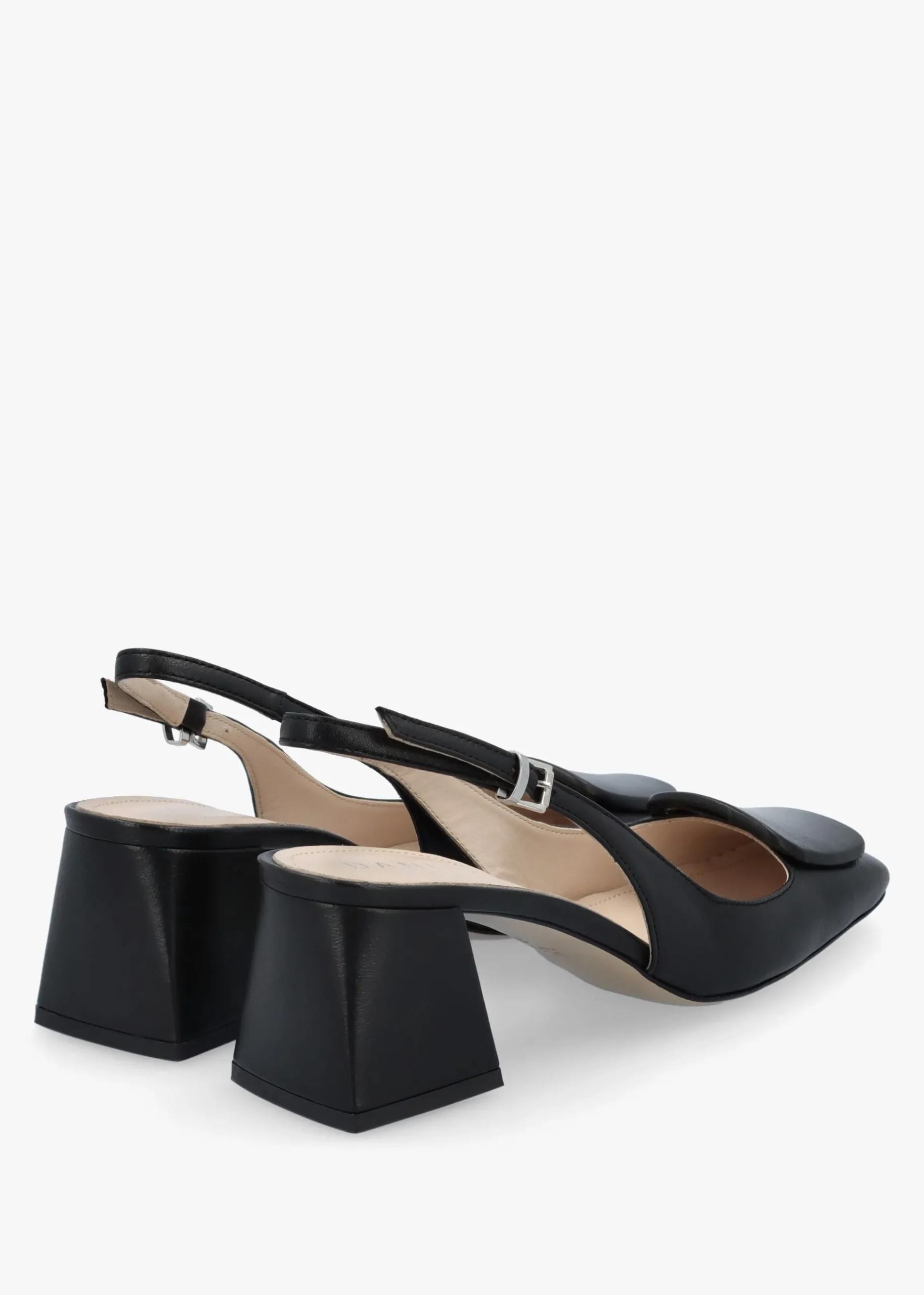 Nessie Black Patent Leather Block Heel Sling Backs