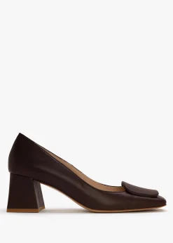 Nessie Brown Leather Block Heel Court Shoes