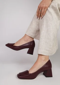 Nessie Burgundy Leather Block Heel Court Shoes