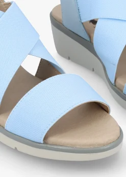 Noli Sky Blue Leather Elasticated Low Wedge Sandals