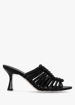 Notty Black Leather Knotted Strap Heeled Mules