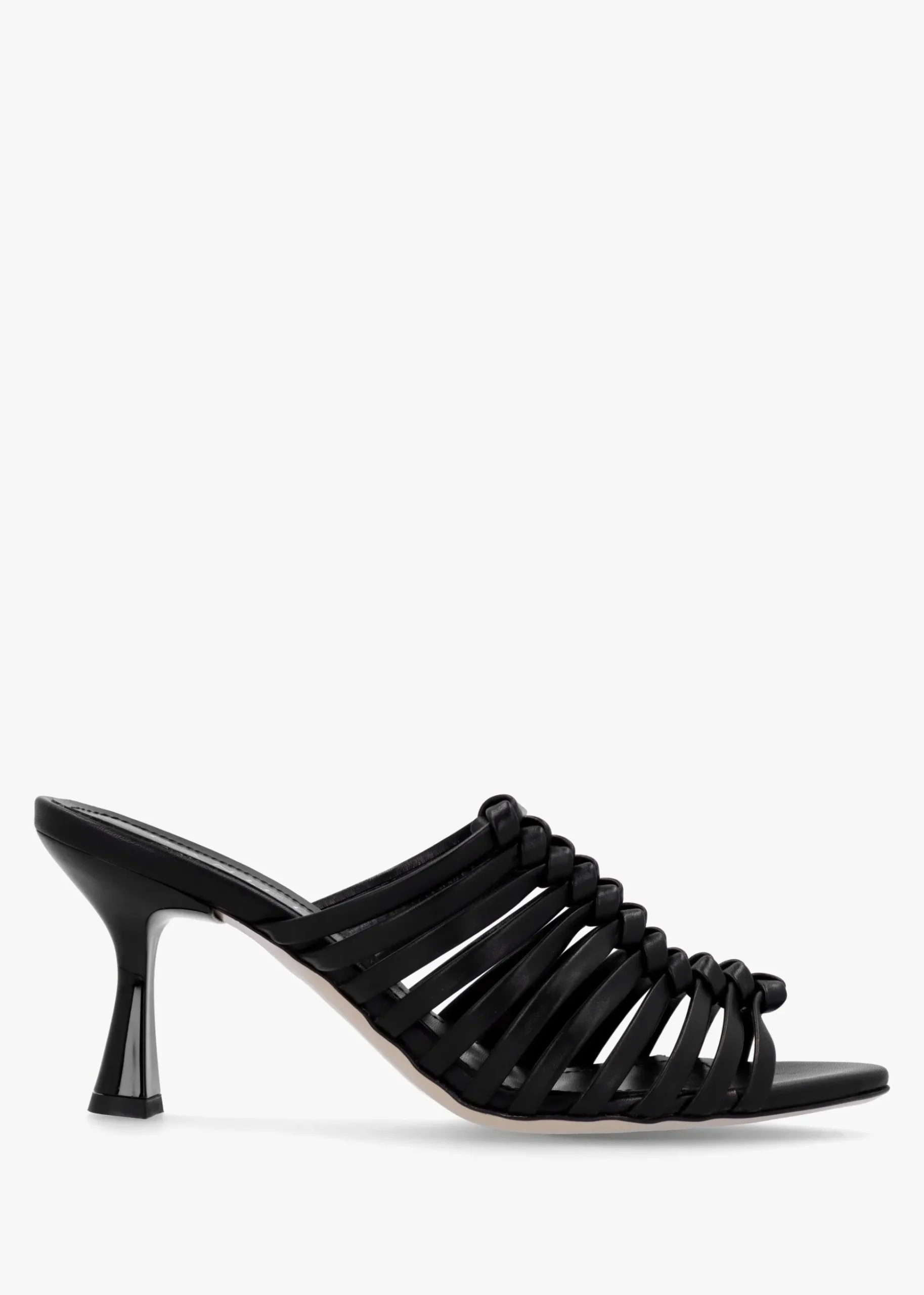 Notty Black Leather Knotted Strap Heeled Mules