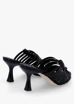 Notty Black Leather Knotted Strap Heeled Mules