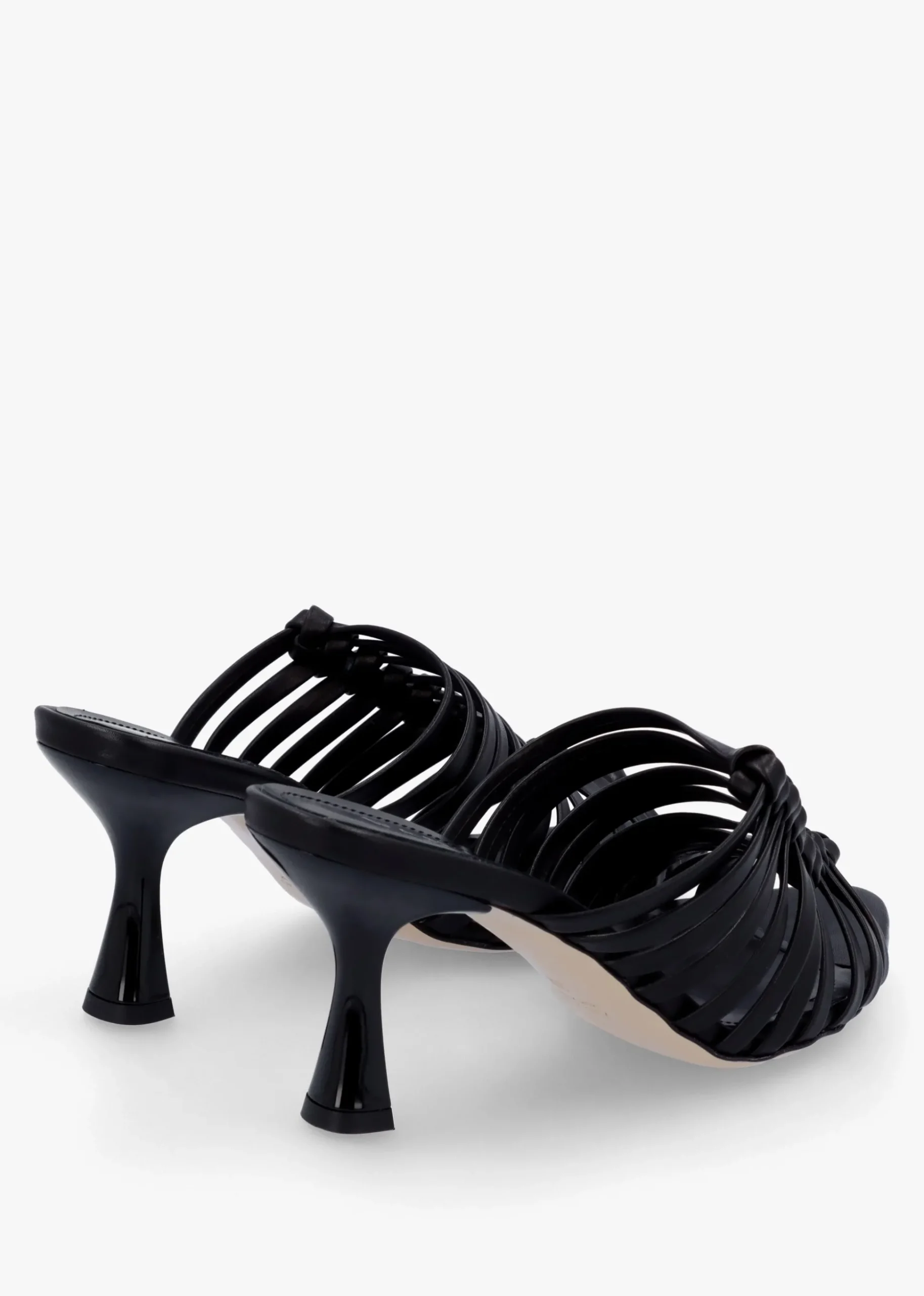 Notty Black Leather Knotted Strap Heeled Mules