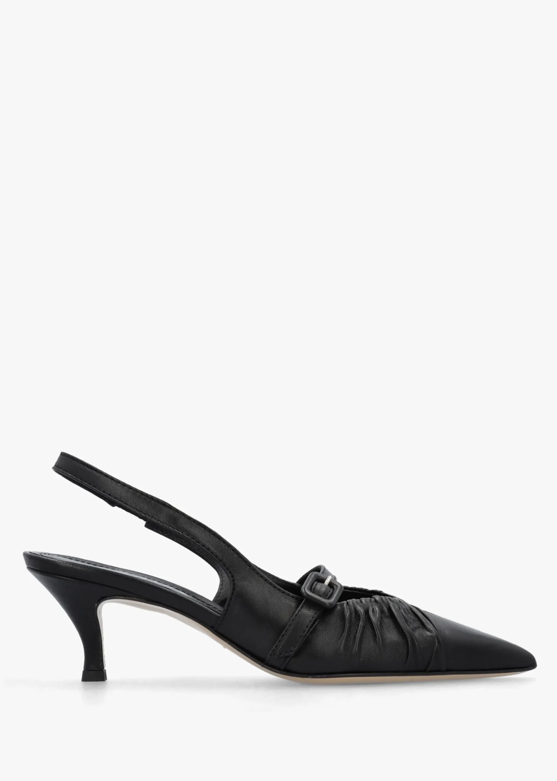 Nouche Black Leather Rouched Kitten Heel Sling Backs