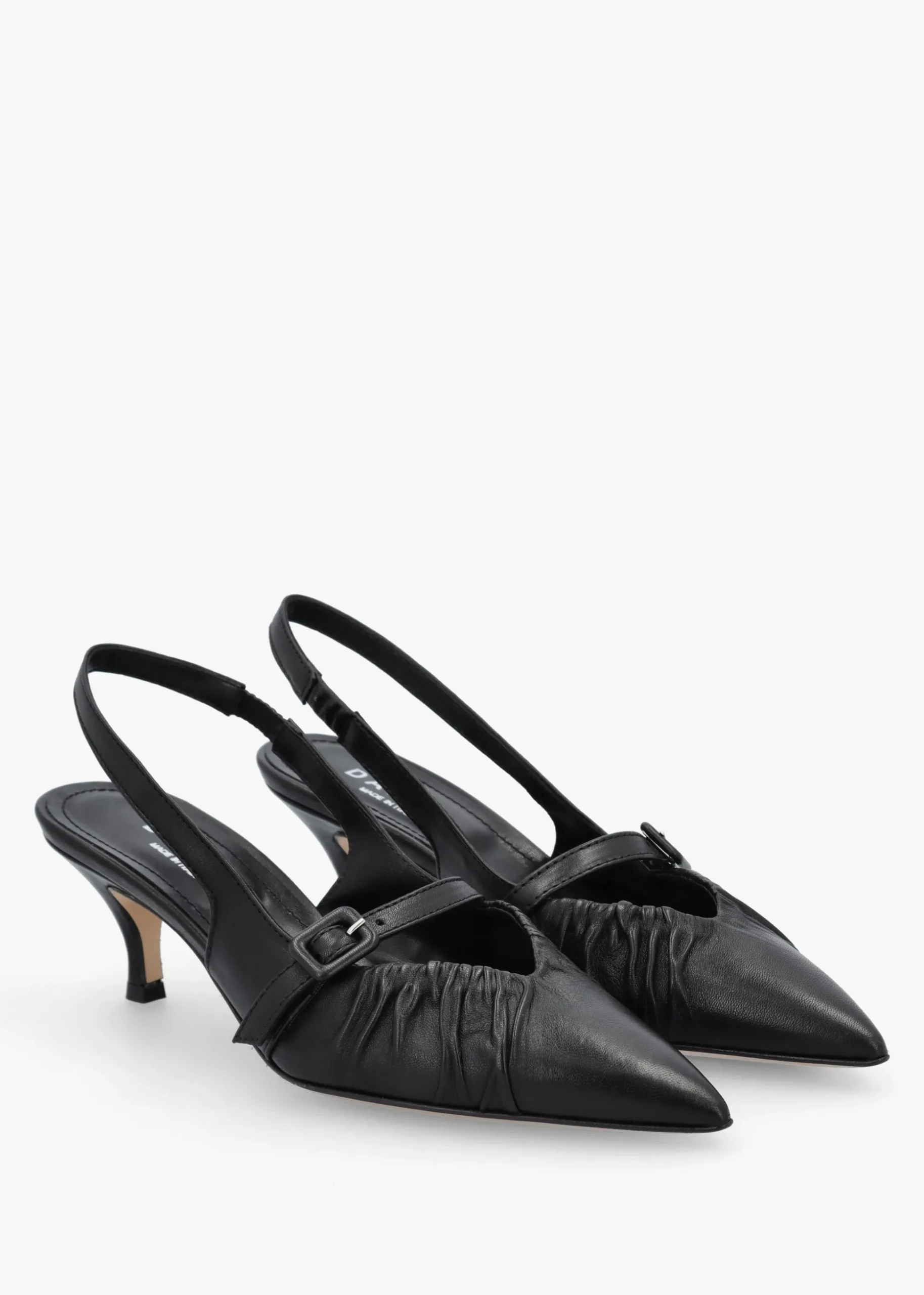 Nouche Black Leather Rouched Kitten Heel Sling Backs