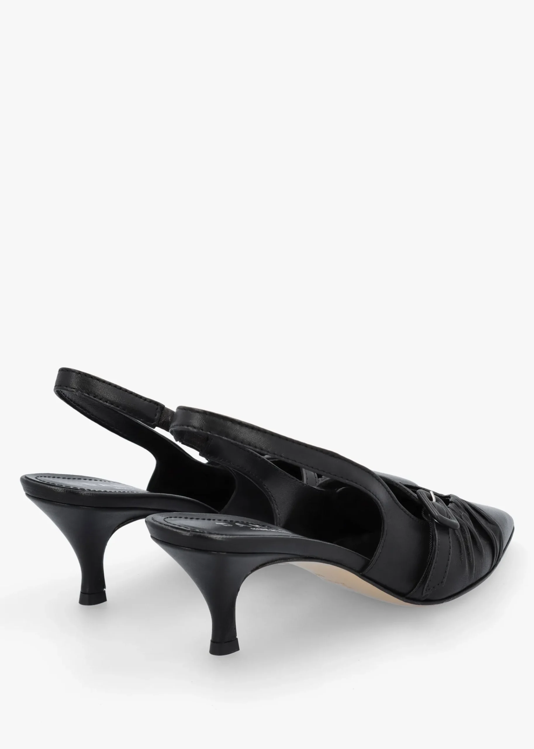 Nouche Black Leather Rouched Kitten Heel Sling Backs