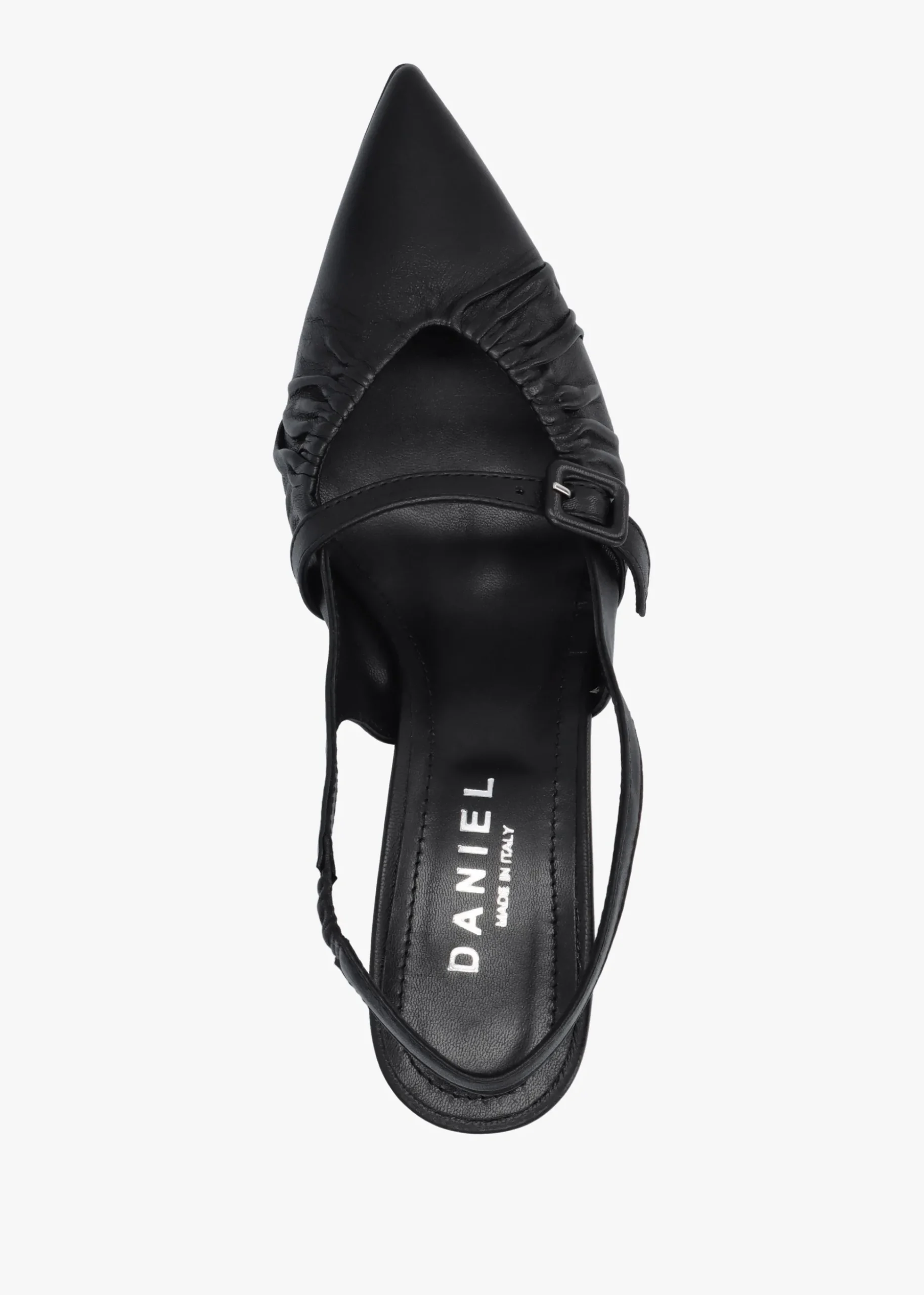 Nouche Black Leather Rouched Kitten Heel Sling Backs