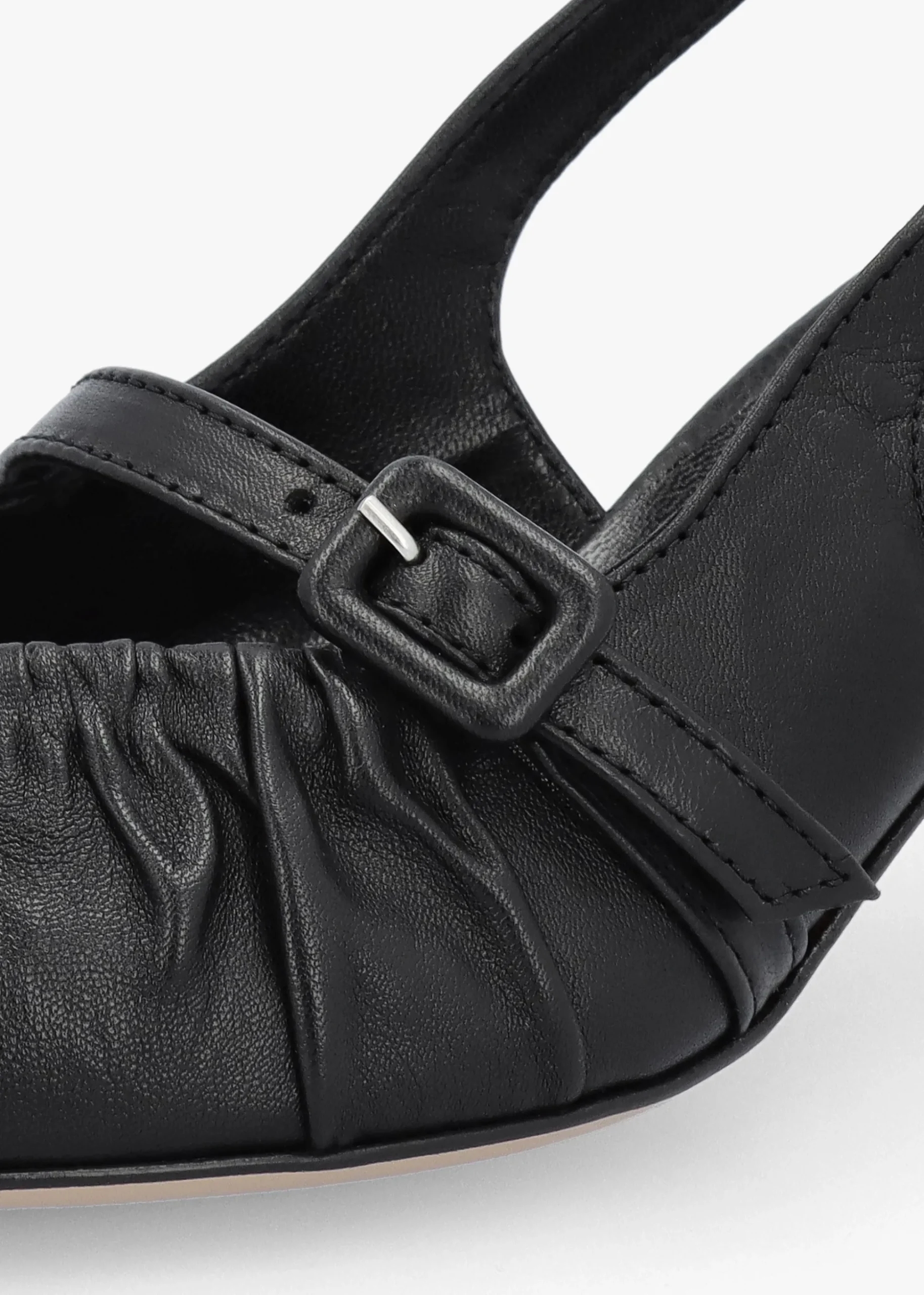Nouche Black Leather Rouched Kitten Heel Sling Backs