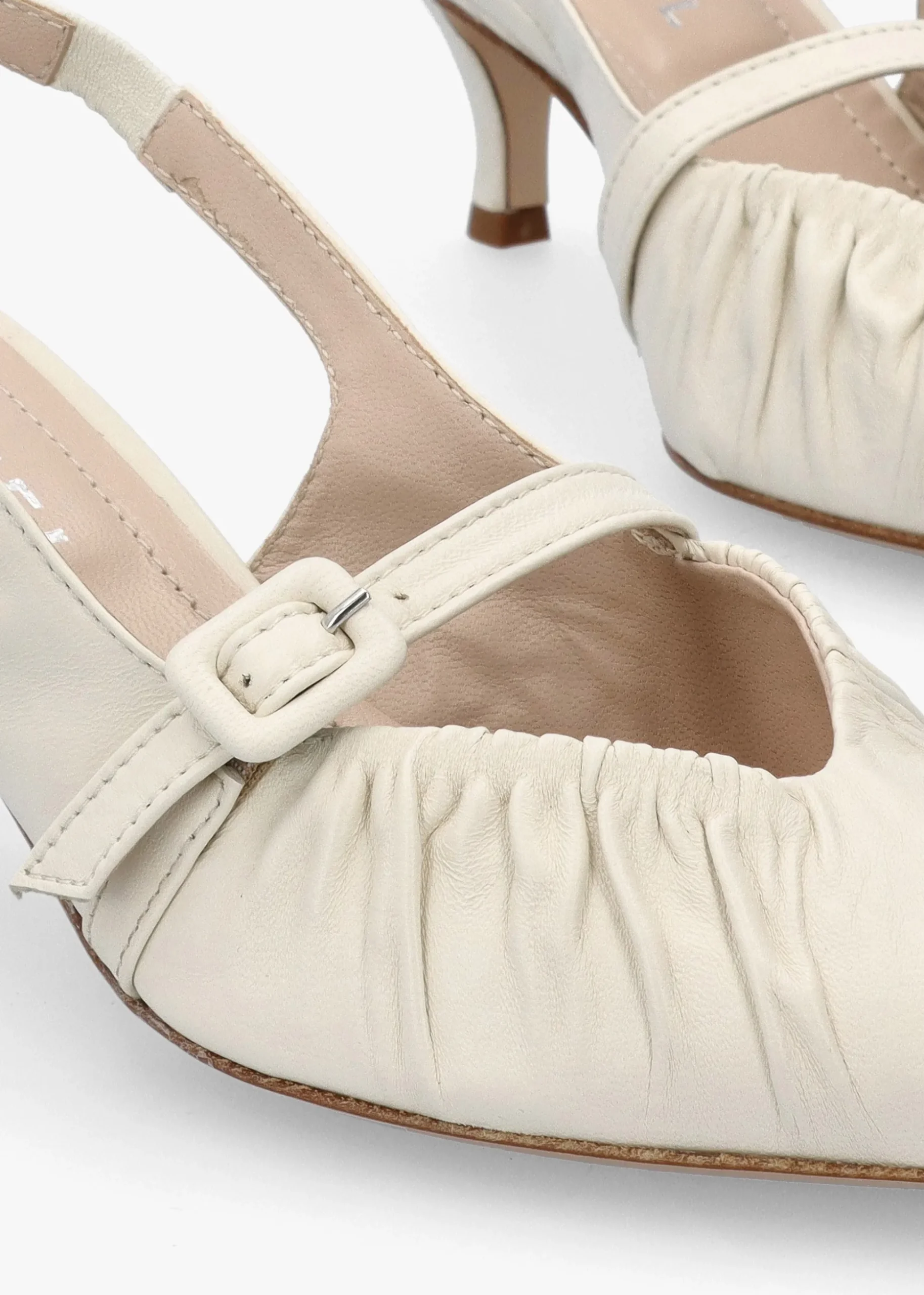 Nouche Cream Leather Rouched Kitten Heel Sling Backs