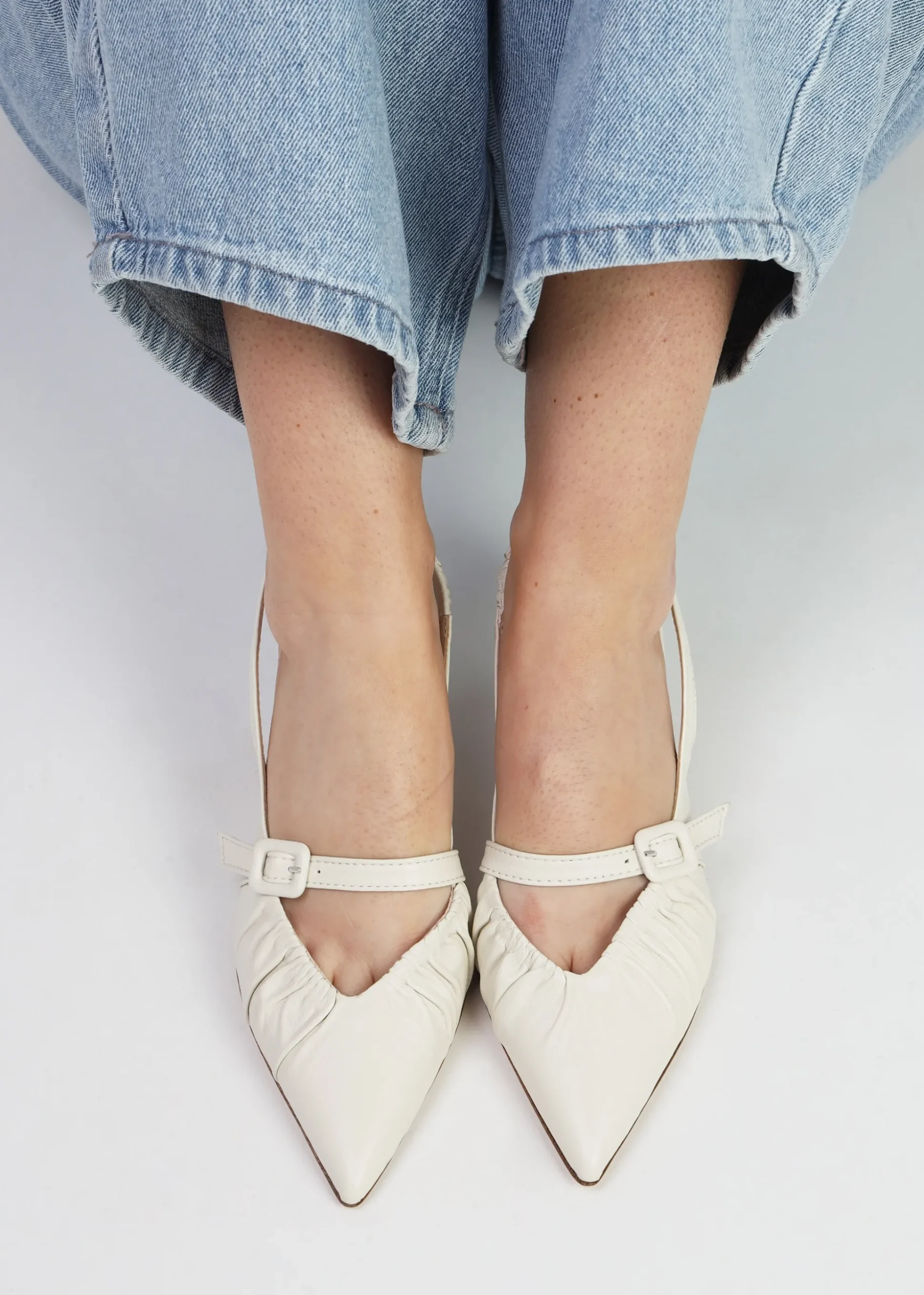 Nouche Cream Leather Rouched Kitten Heel Sling Backs
