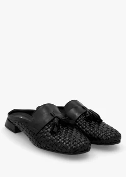 Nova Black Leather Woven Backless Mules