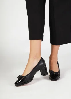Paige Black Leather Block Heel Court Shoes