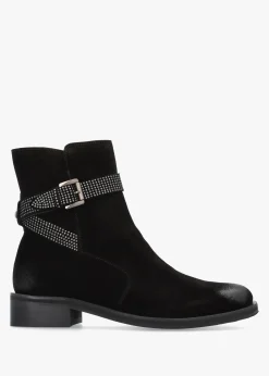 Panazol Black Suede Studded Strap Ankle Boots