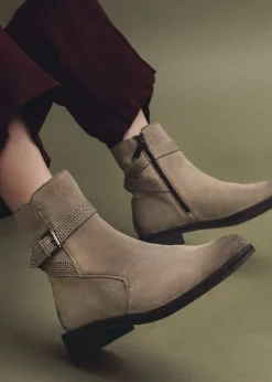 Panazol Taupe Suede Studded Strap Ankle Boots