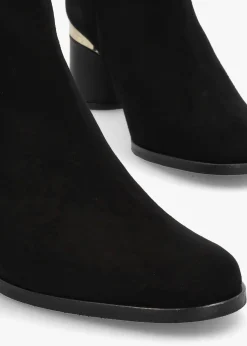 Penelope Black Suede Gold Trim Heeled Ankle Boots