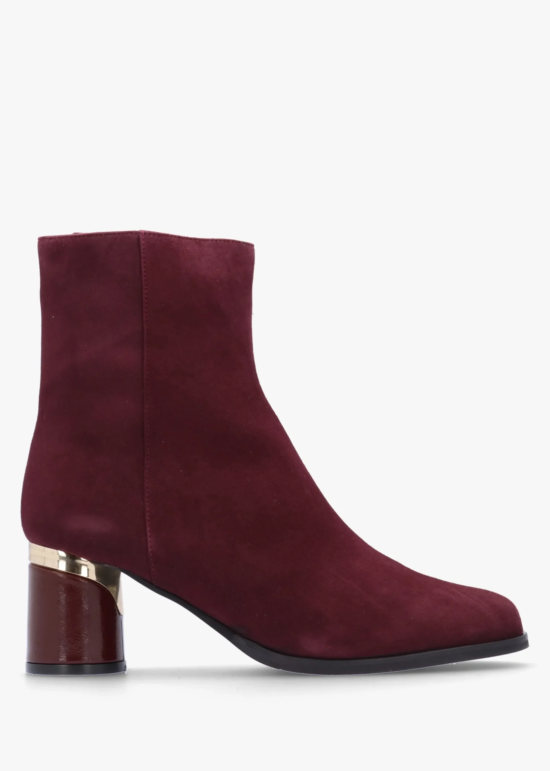 Penelope Burgundy Suede Gold Trim Heeled Ankle Boots