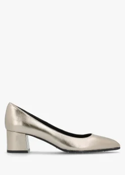 Pewter Leather Pointed Toe Block Heel Court Shoes