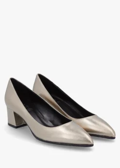 Pewter Leather Pointed Toe Block Heel Court Shoes