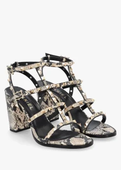 Pitter Beige Reptile Leather Studded Block Heeled Sandals