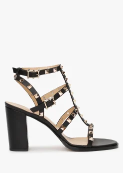 Pitter Black Leather Studded Block Heeled Sandals