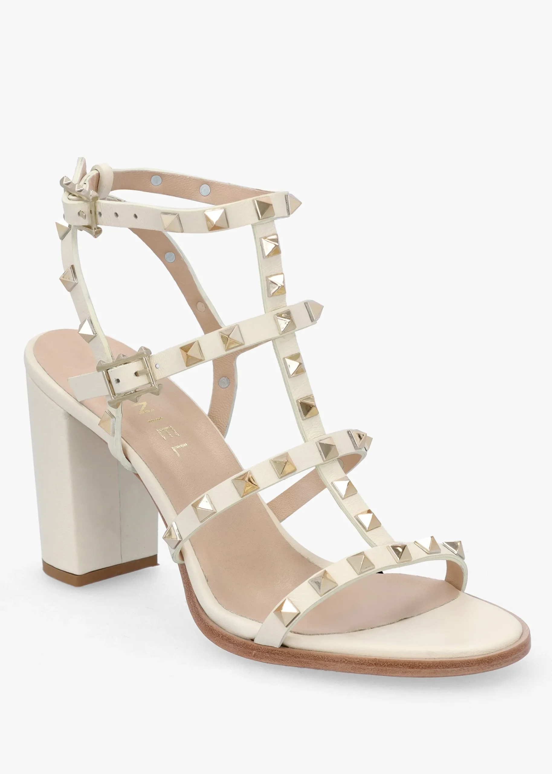Pitter Cream Leather Studded Block Heeled Sandals
