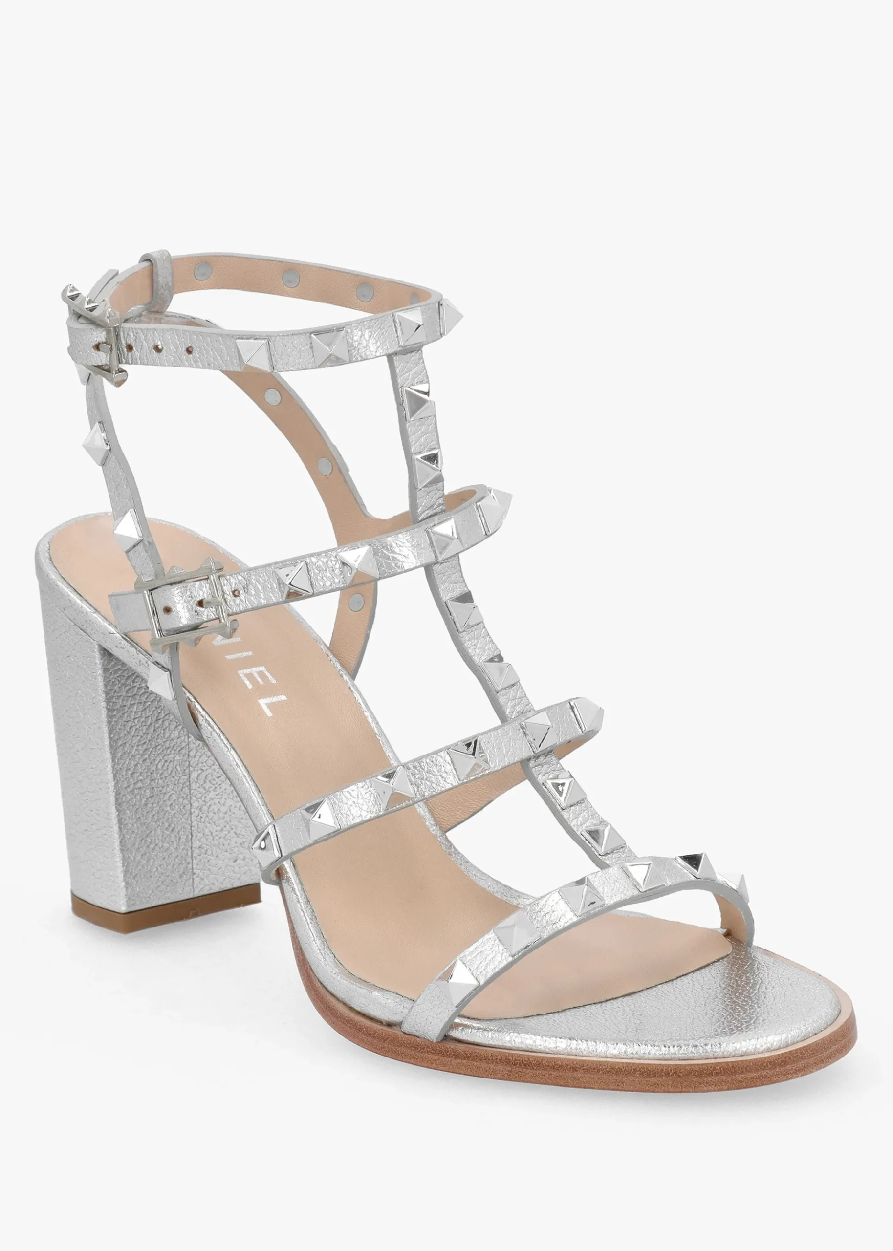 Pitter Silver Leather Studded Block Heeled Sandals