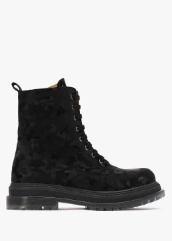 Rammie Black Leather Camo Ankle Boots