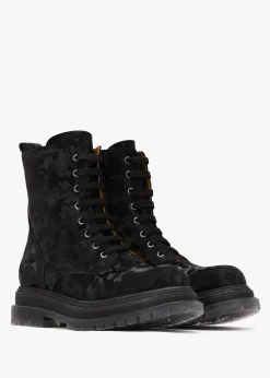 Rammie Black Leather Camo Ankle Boots